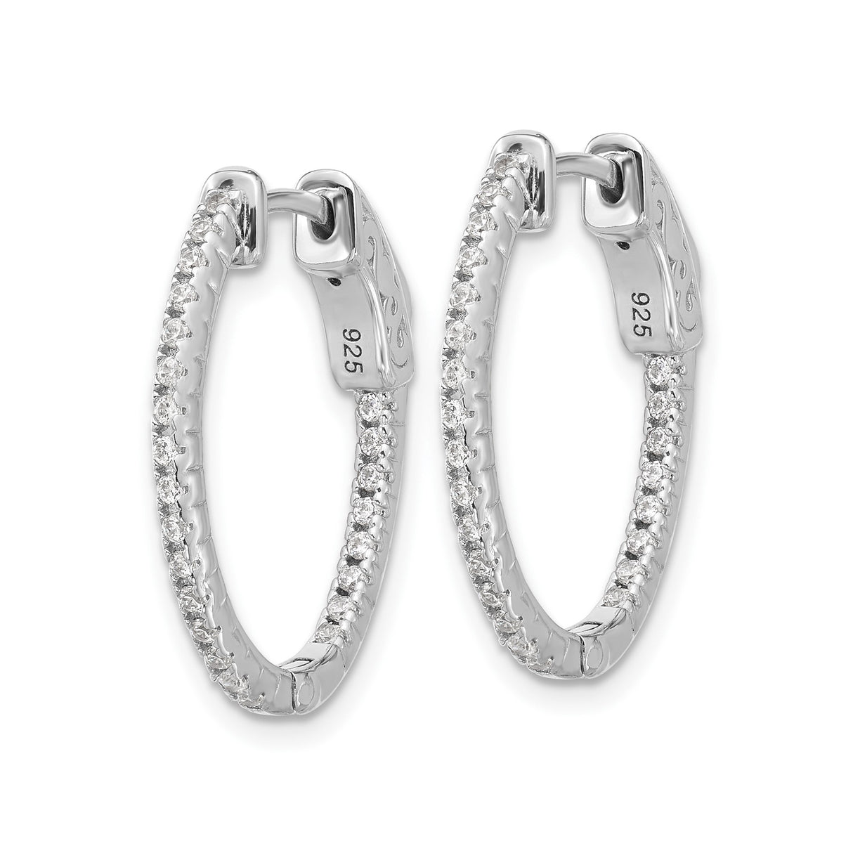 Sterling Silver Hoop Earrings with Double Row Cubic Zirconia, Scroll Design, Hinged Back