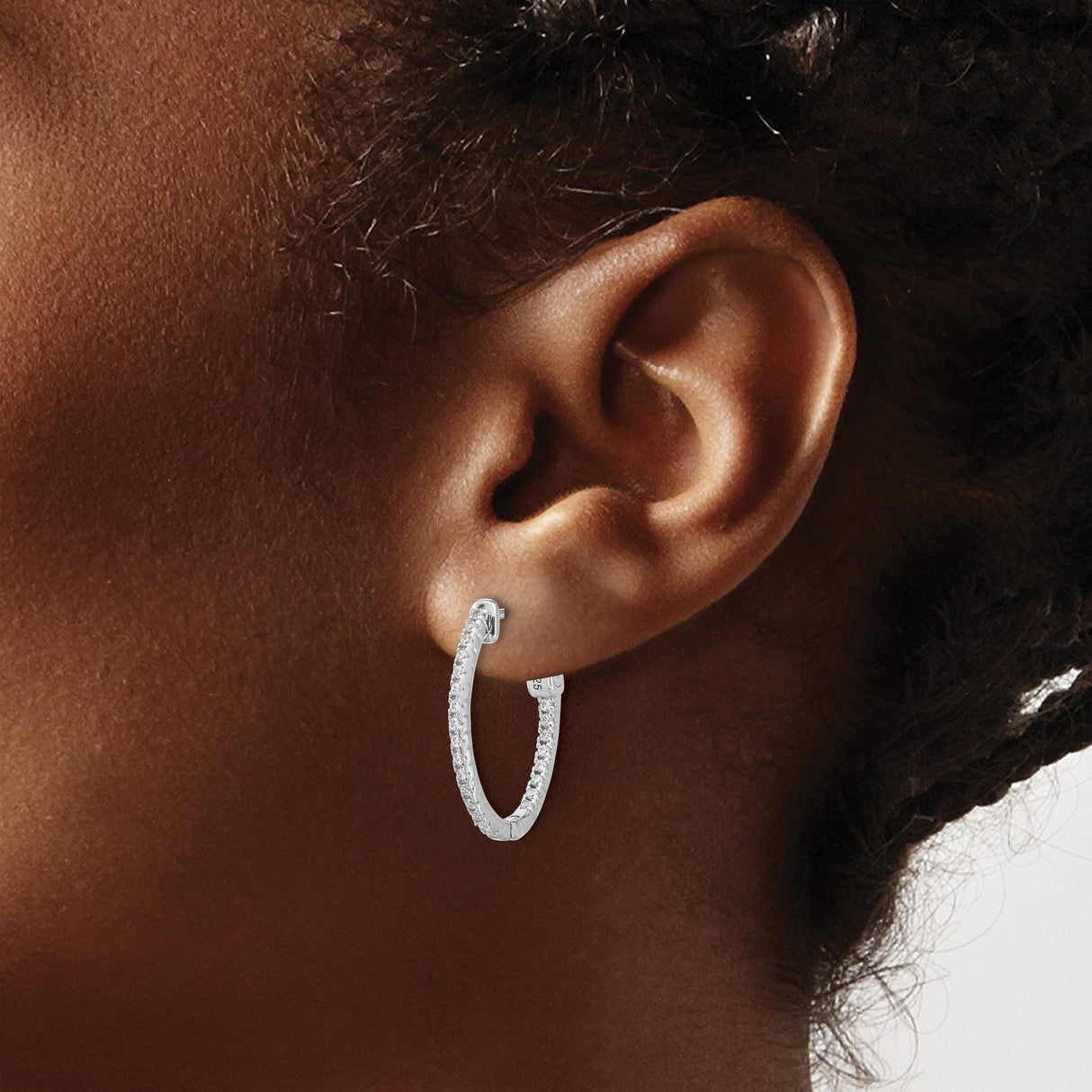 Sterling Silver Hoop Earrings with Double Row Cubic Zirconia, Scroll Design, Hinged Back