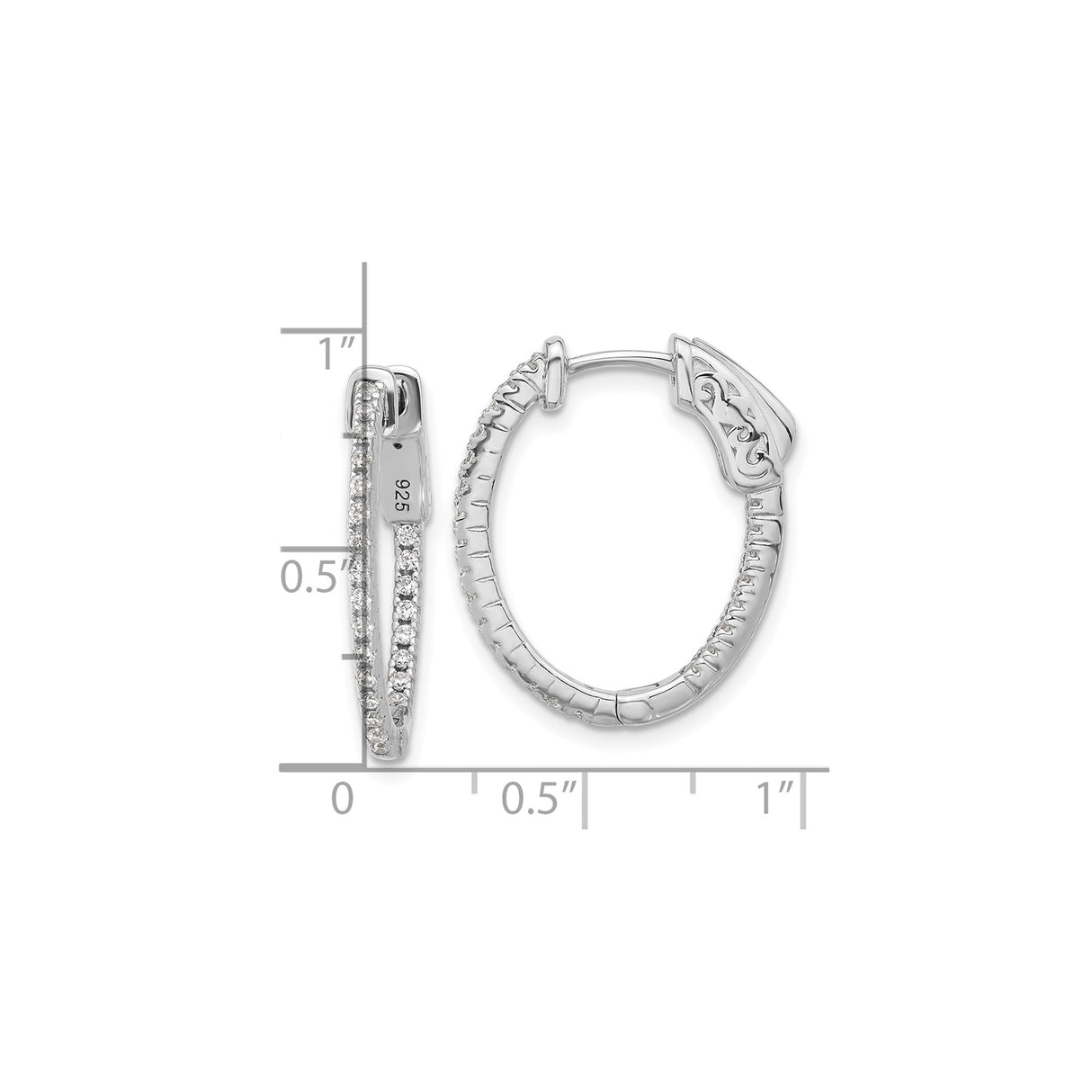 Sterling Silver Hoop Earrings with Double Row Cubic Zirconia, Scroll Design, Hinged Back