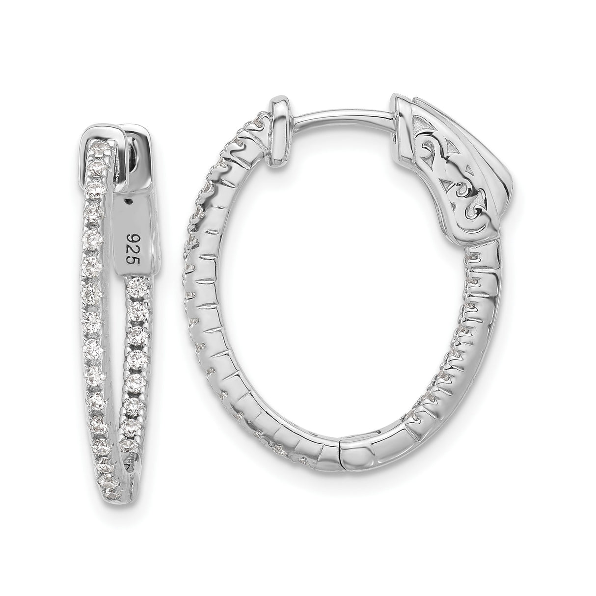 Sterling Silver Hoop Earrings with Double Row Cubic Zirconia, Scroll Design, Hinged Back
