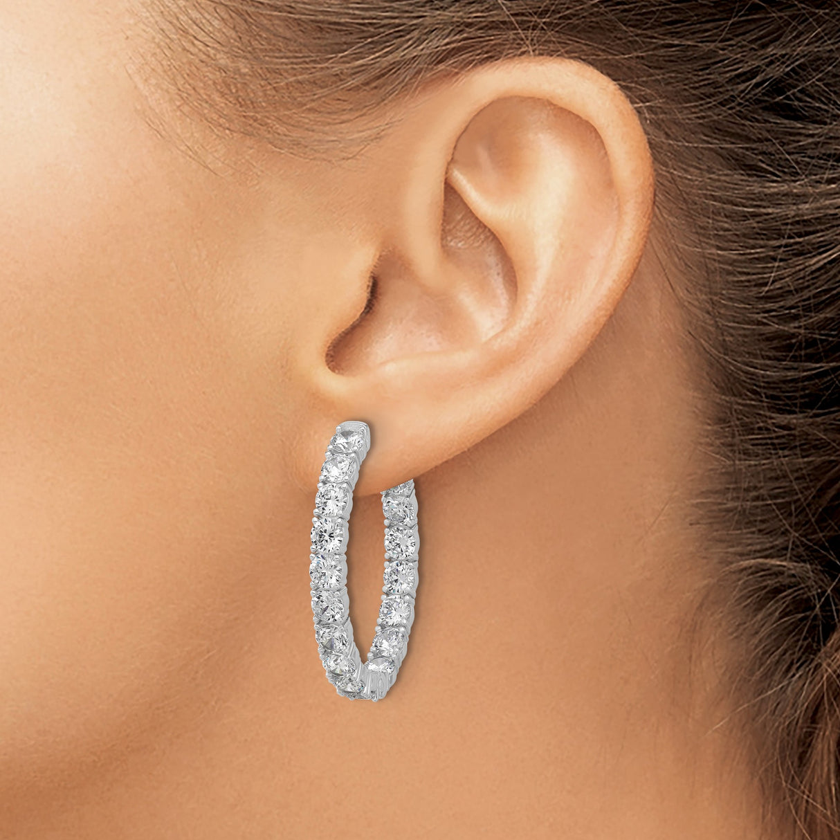Sterling Silver Hoop Earrings with Round Cut Cubic Zirconia, Inside-Out Oval Design