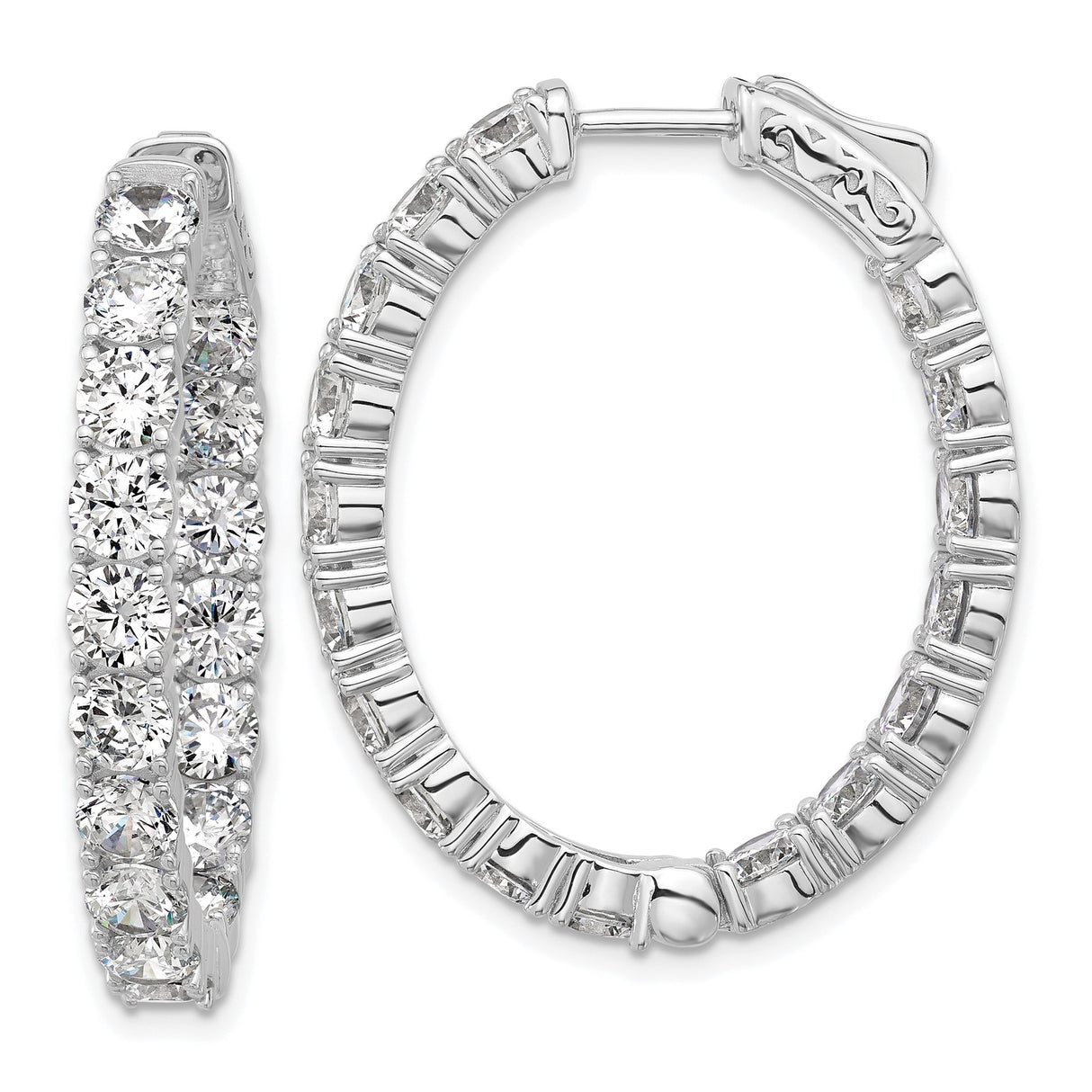 Sterling Silver Hoop Earrings with Round Cut Cubic Zirconia, Inside-Out Oval Design