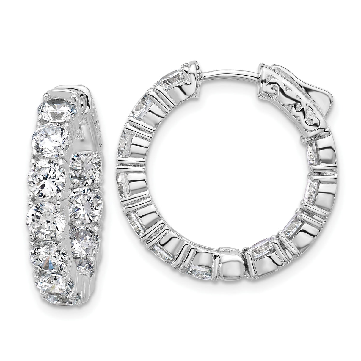 Sterling Silver Hoop Earrings with Cubic Zirconia, Channel Setting, Filigree Design