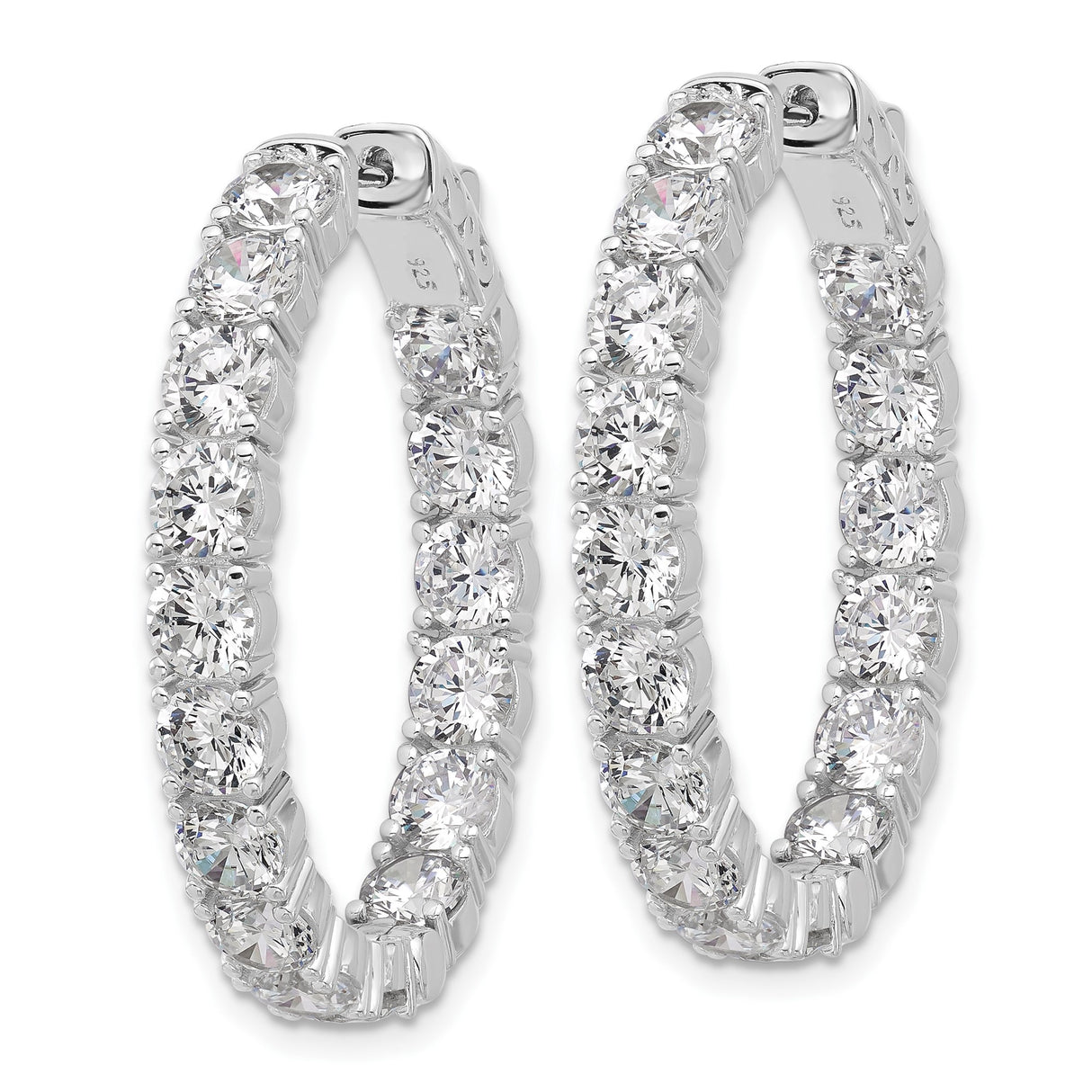 Sterling Silver Hoop Earrings with Round and Baguette Cubic Zirconia, Inside Out Oval Design