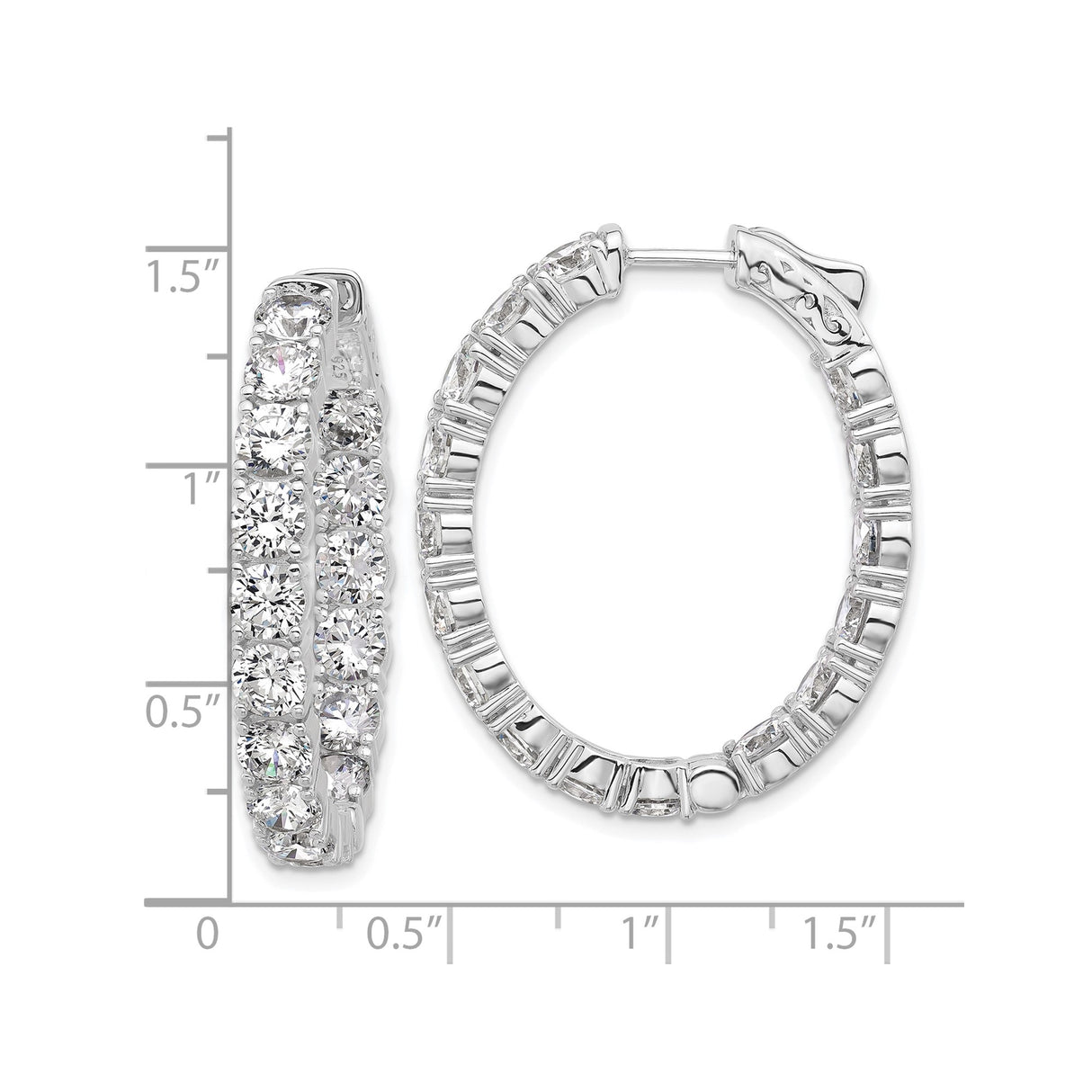 Sterling Silver Hoop Earrings with Round and Baguette Cubic Zirconia, Inside Out Oval Design