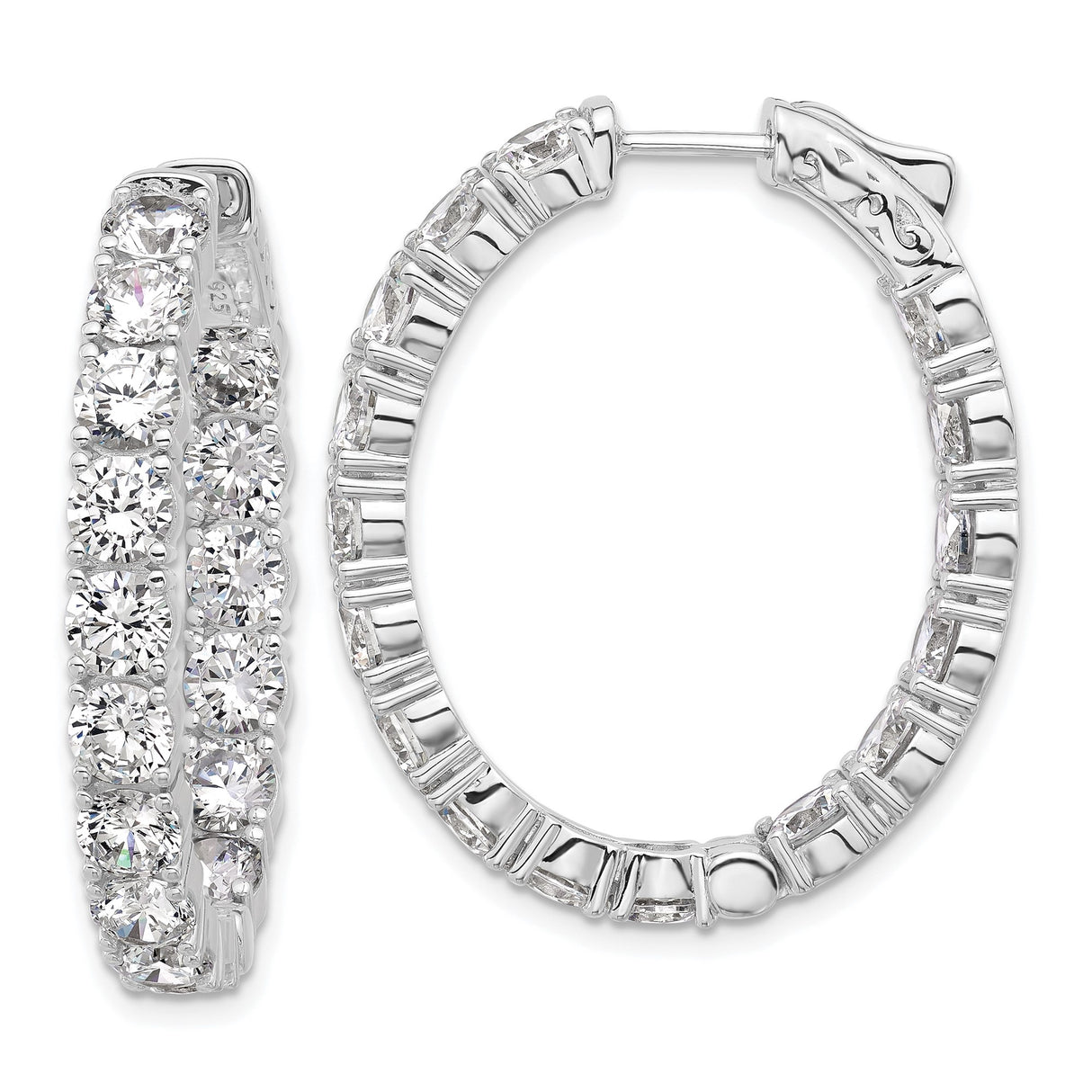 Sterling Silver Hoop Earrings with Round and Baguette Cubic Zirconia, Inside Out Oval Design