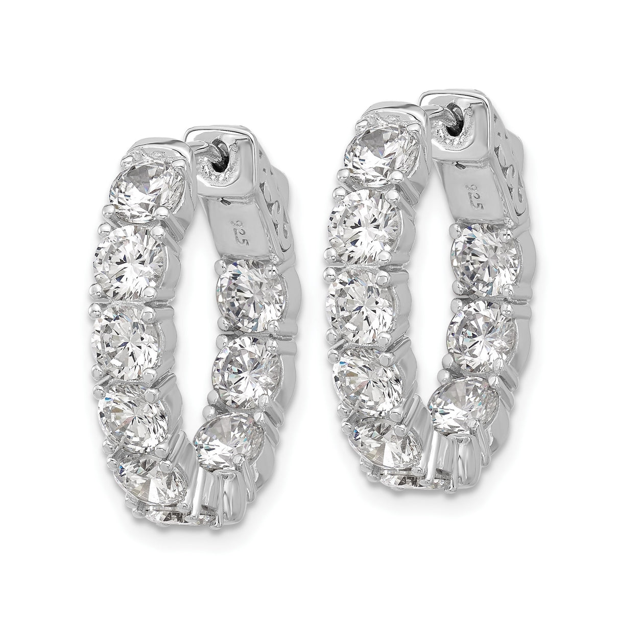 Sterling Silver Hoop Earrings with Cubic Zirconia, Oval Shape, Polished Finish, Rhodium Plated