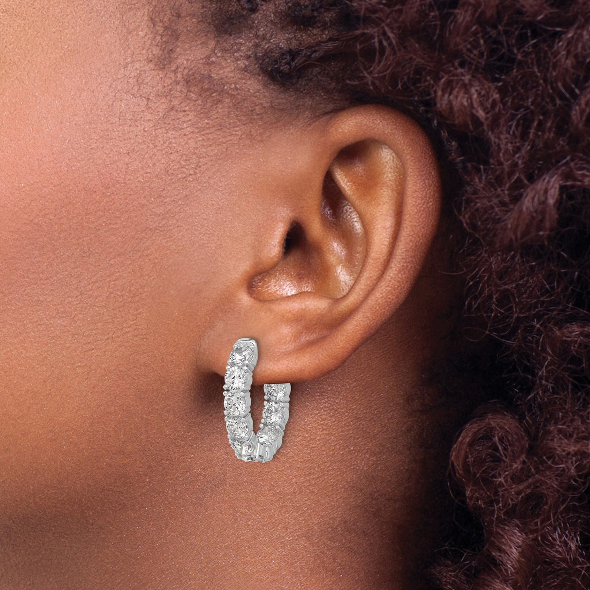 Sterling Silver Hoop Earrings with Cubic Zirconia, Oval Shape, Polished Finish, Rhodium Plated