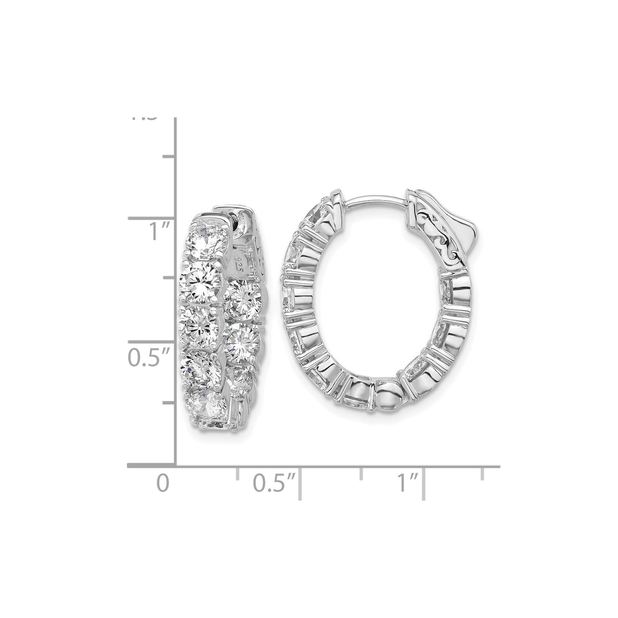 Sterling Silver Hoop Earrings with Cubic Zirconia, Oval Shape, Polished Finish, Rhodium Plated