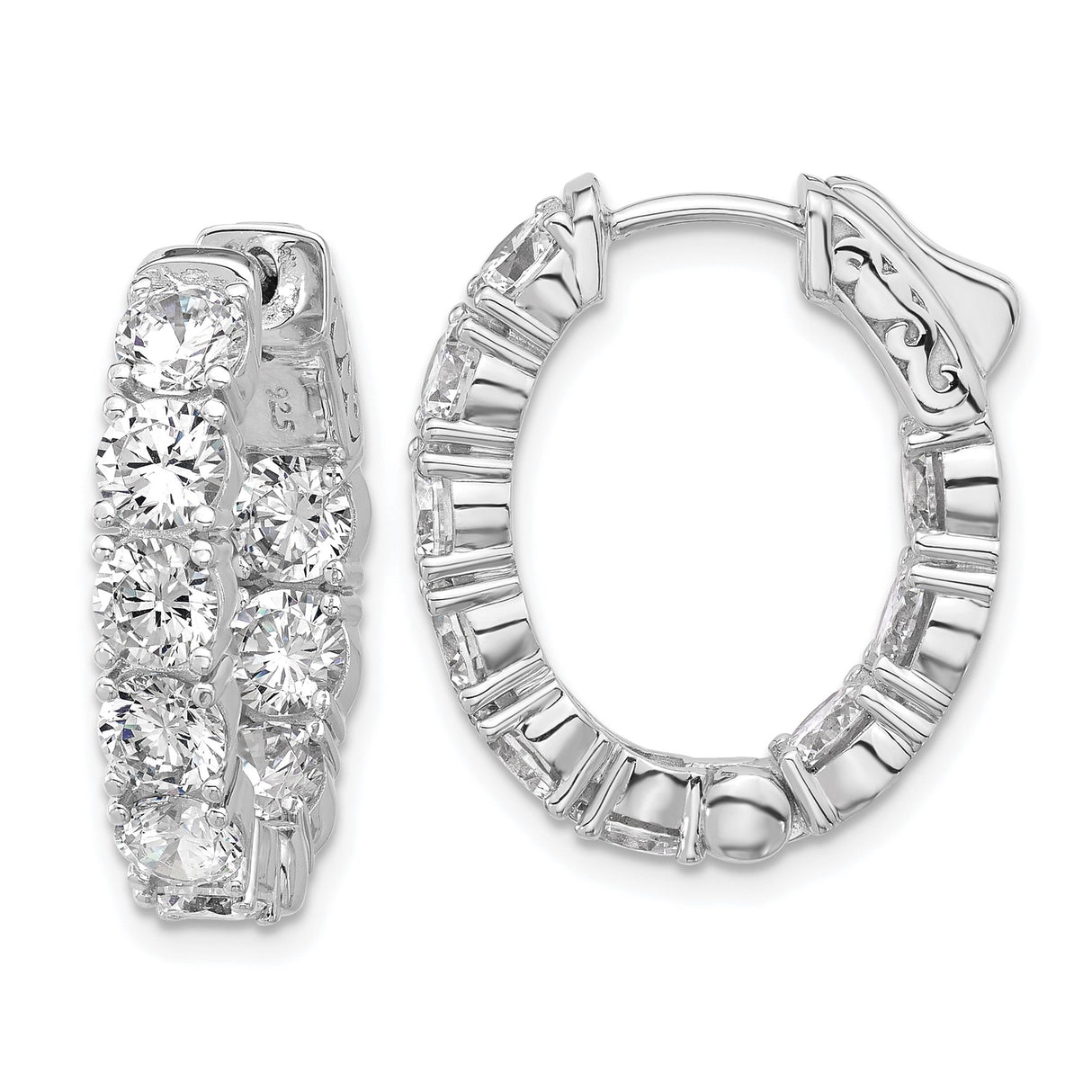 Sterling Silver Hoop Earrings with Cubic Zirconia, Oval Shape, Polished Finish, Rhodium Plated