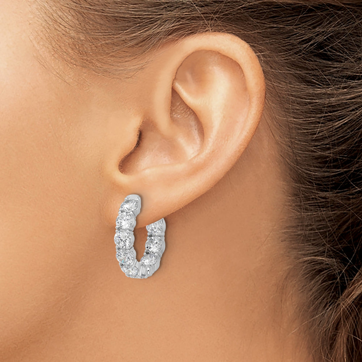 Sterling Silver Hoop Earrings with Round Cut Cubic Zirconia in Prong Setting