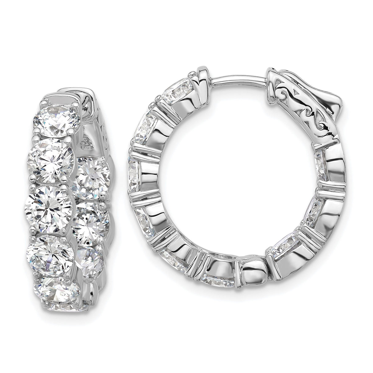 Sterling Silver Hoop Earrings with Round Cut Cubic Zirconia in Prong Setting