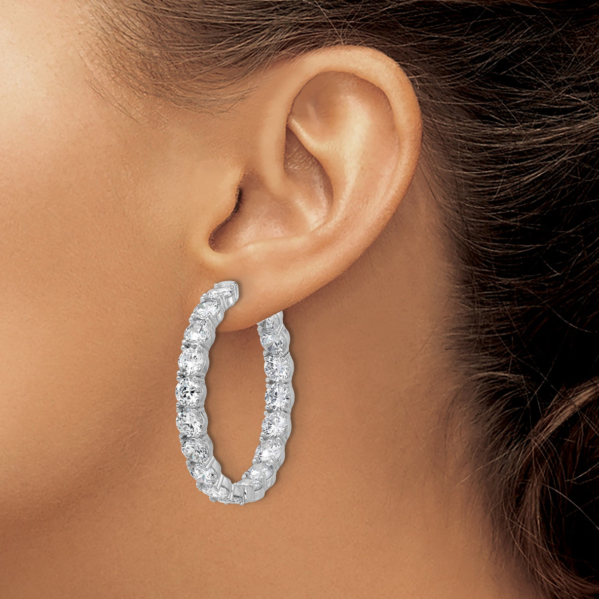 Sterling Silver Hoop Earrings with Cubic Zirconia, Inside-Out Design, Rhodium Plated Finish