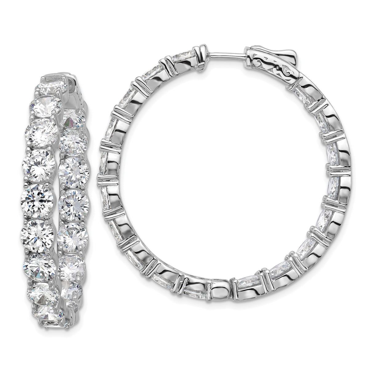 Sterling Silver Hoop Earrings with Cubic Zirconia, Inside-Out Design, Rhodium Plated Finish