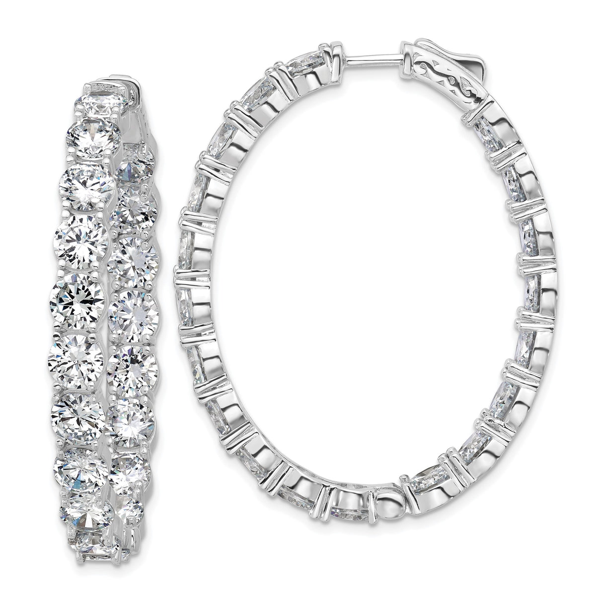 Sterling Silver Hoop Earrings with Cubic Zirconia, Shared Prong Inside-Out Oval Design