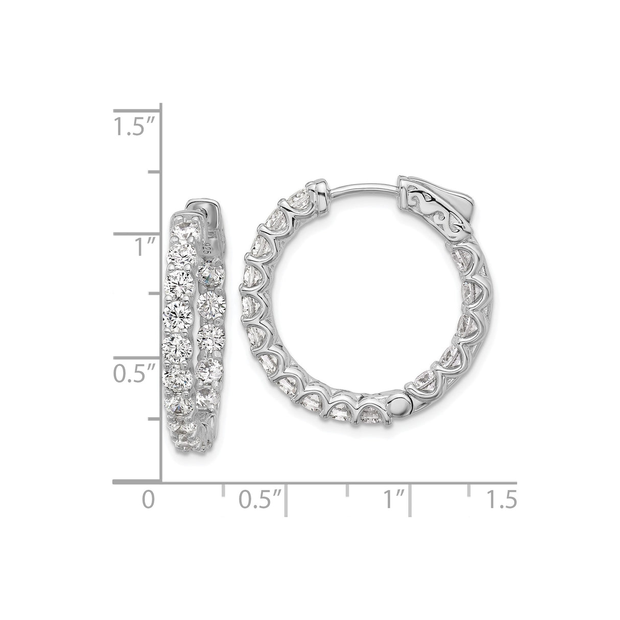 Sterling Silver Hoop Earrings with Round Cut Cubic Zirconia, Prong Set Heart Design