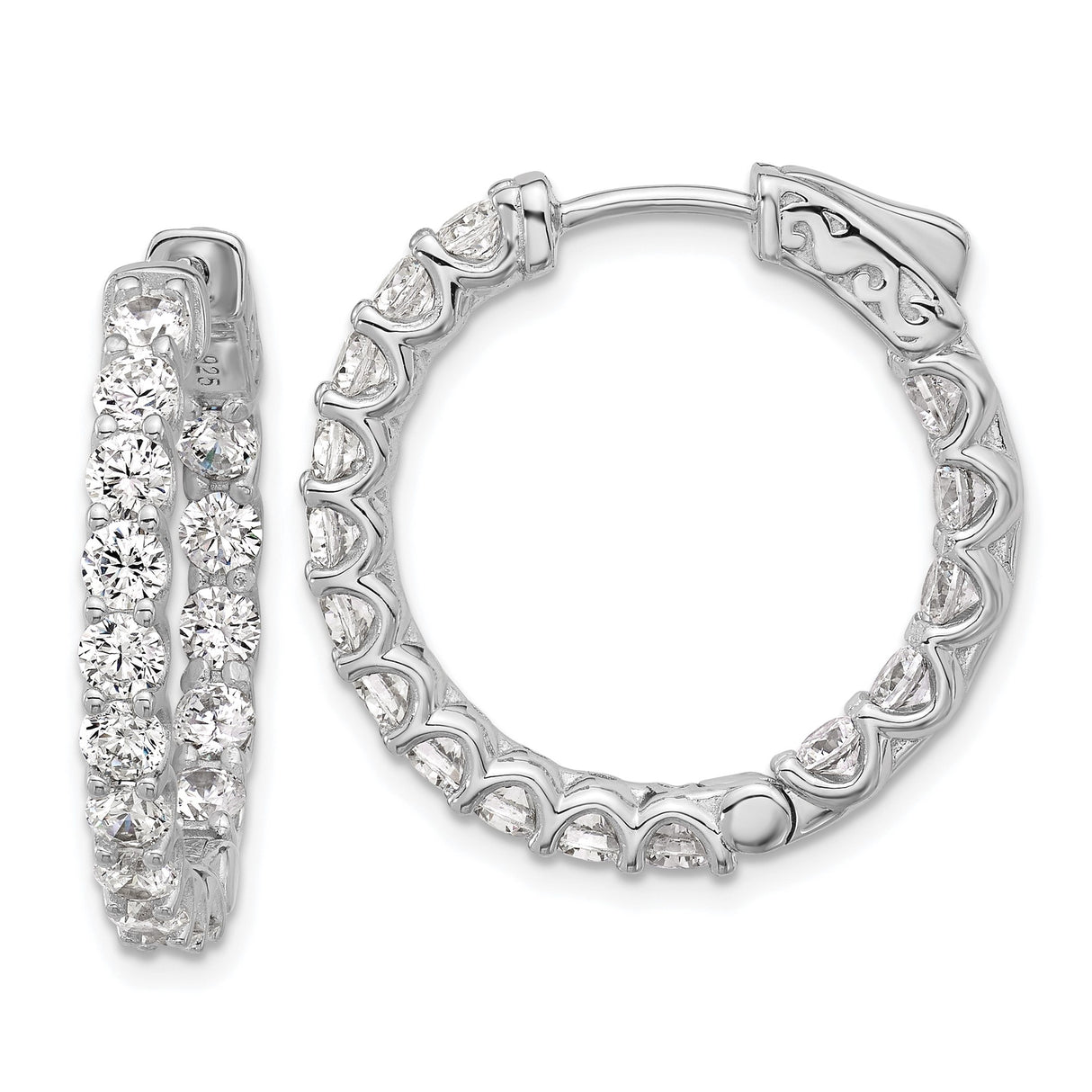 Sterling Silver Hoop Earrings with Round Cut Cubic Zirconia, Prong Set Heart Design