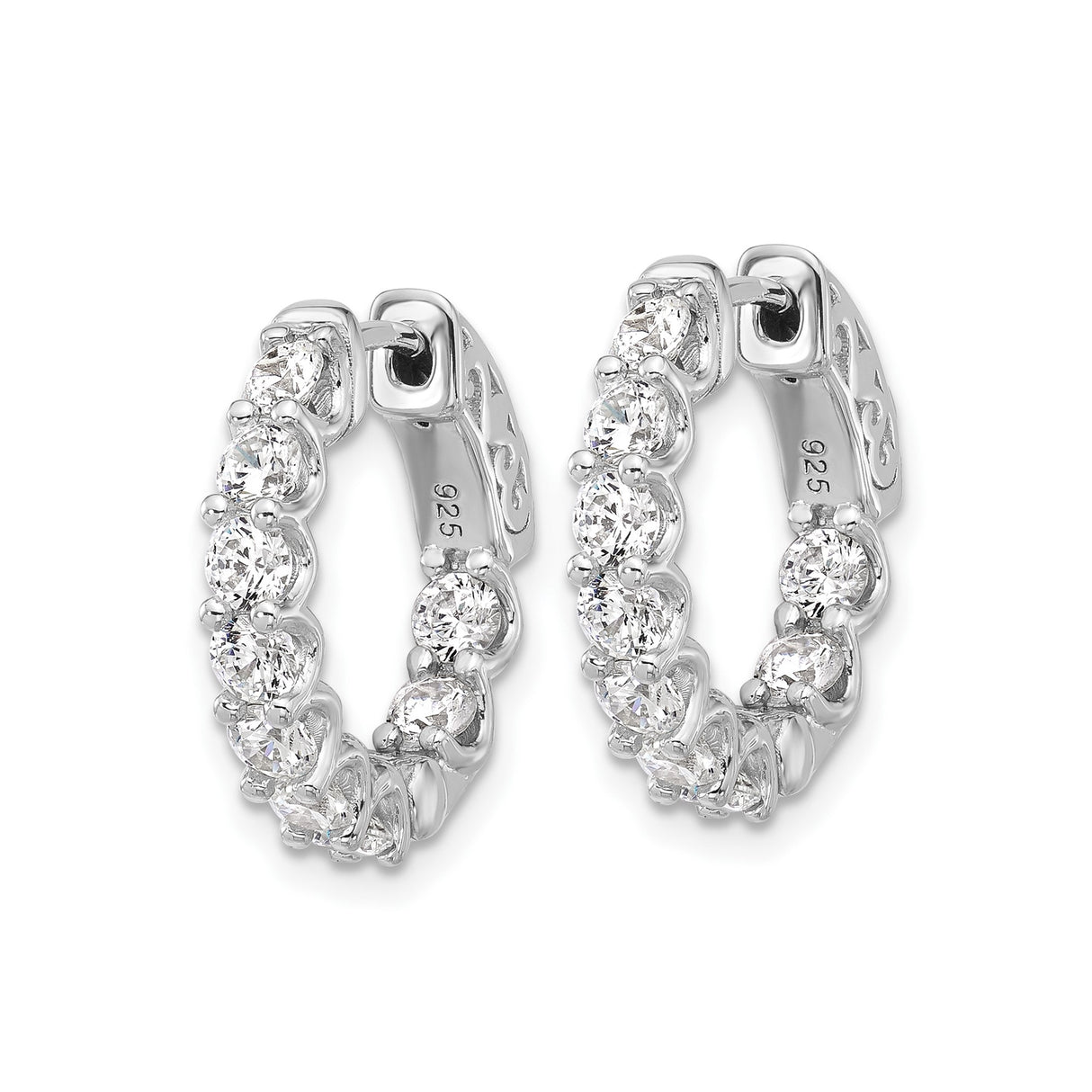 Sterling Silver Hoop Earrings with Round Cut Cubic Zirconia, Prong Setting and Scrollwork Design