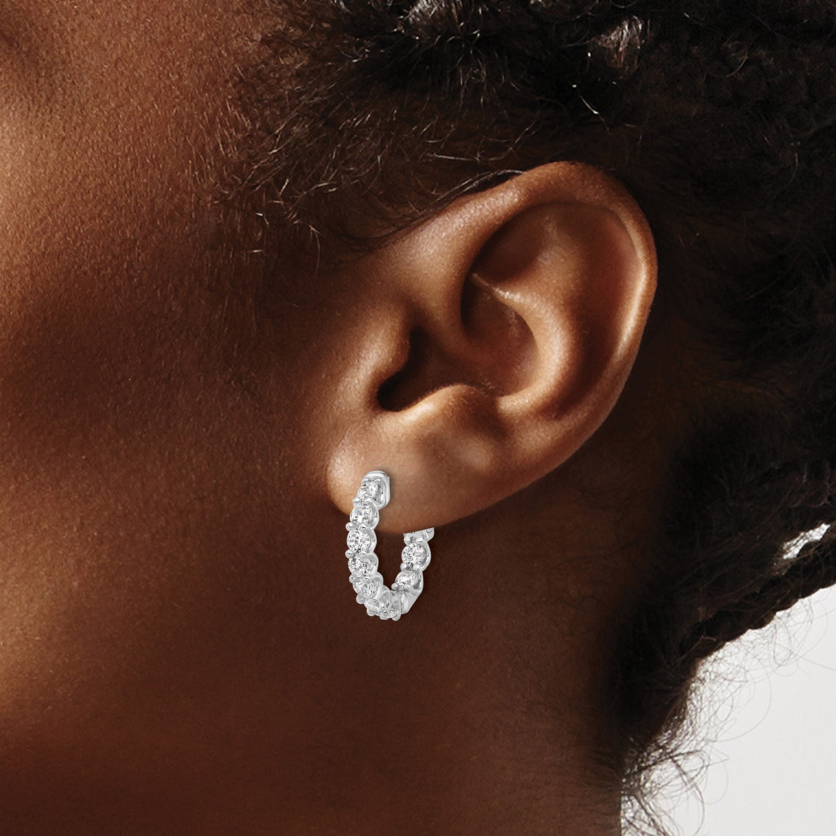 Sterling Silver Hoop Earrings with Round Cut Cubic Zirconia, Prong Setting and Scrollwork Design