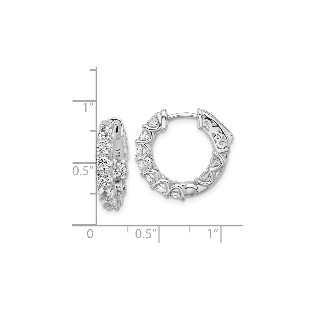 Sterling Silver Hoop Earrings with Round Cut Cubic Zirconia, Prong Setting and Scrollwork Design
