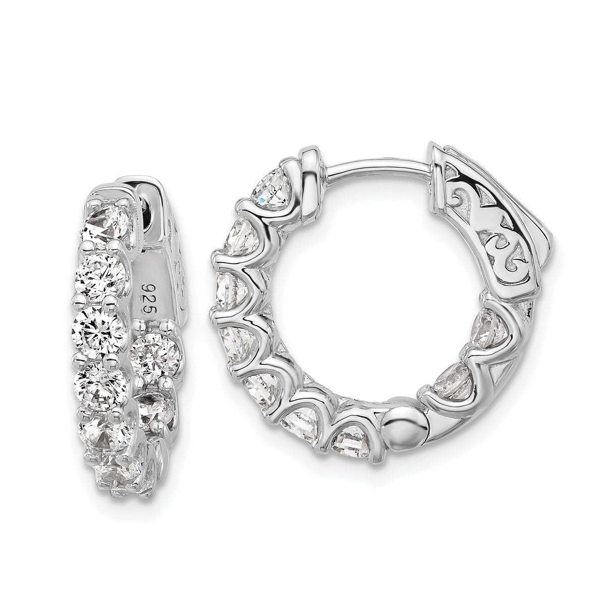Sterling Silver Hoop Earrings with Round Cut Cubic Zirconia, Prong Setting and Scrollwork Design