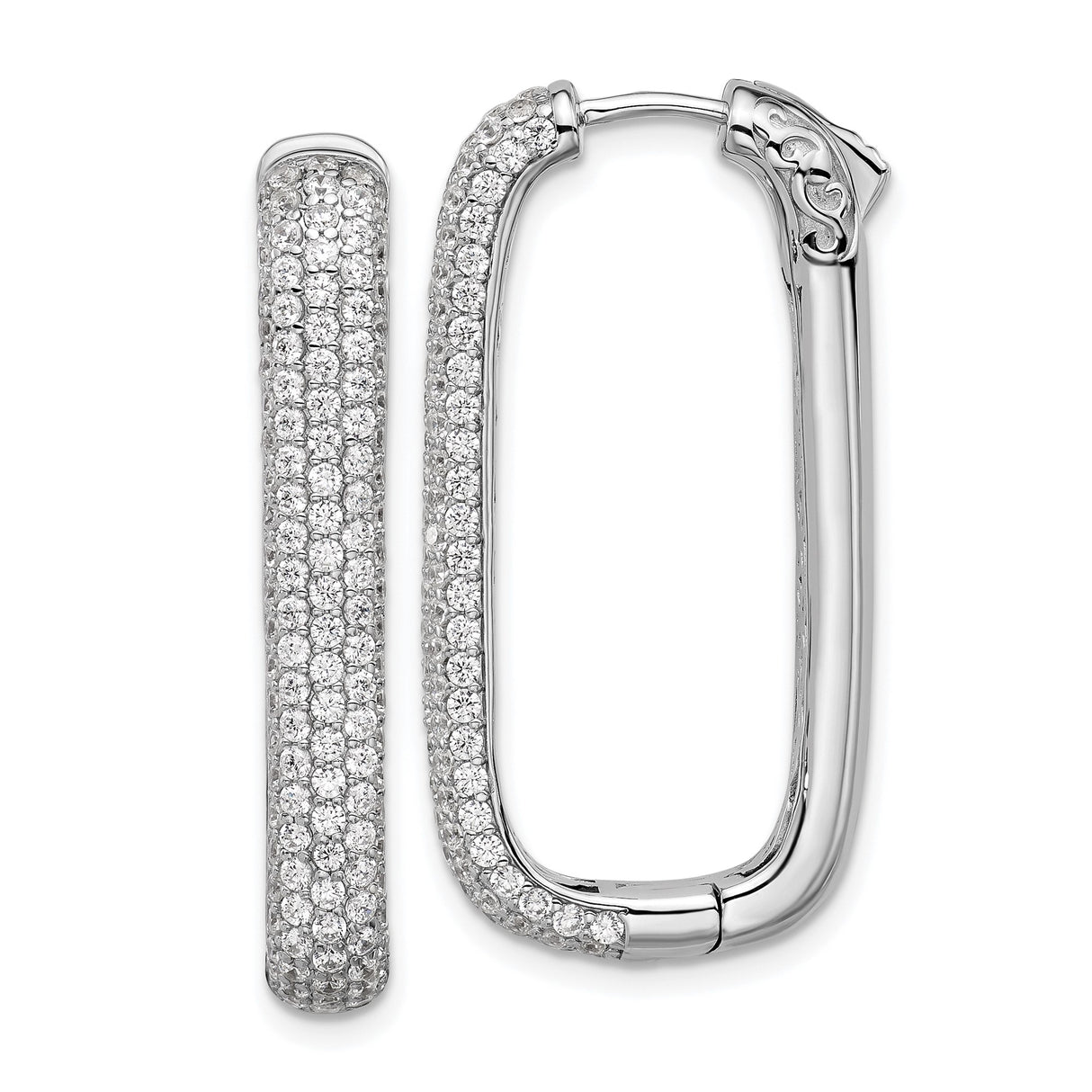 Sterling Silver Hoop Earrings with Cubic Zirconia, Elongated Rectangular Drop Design