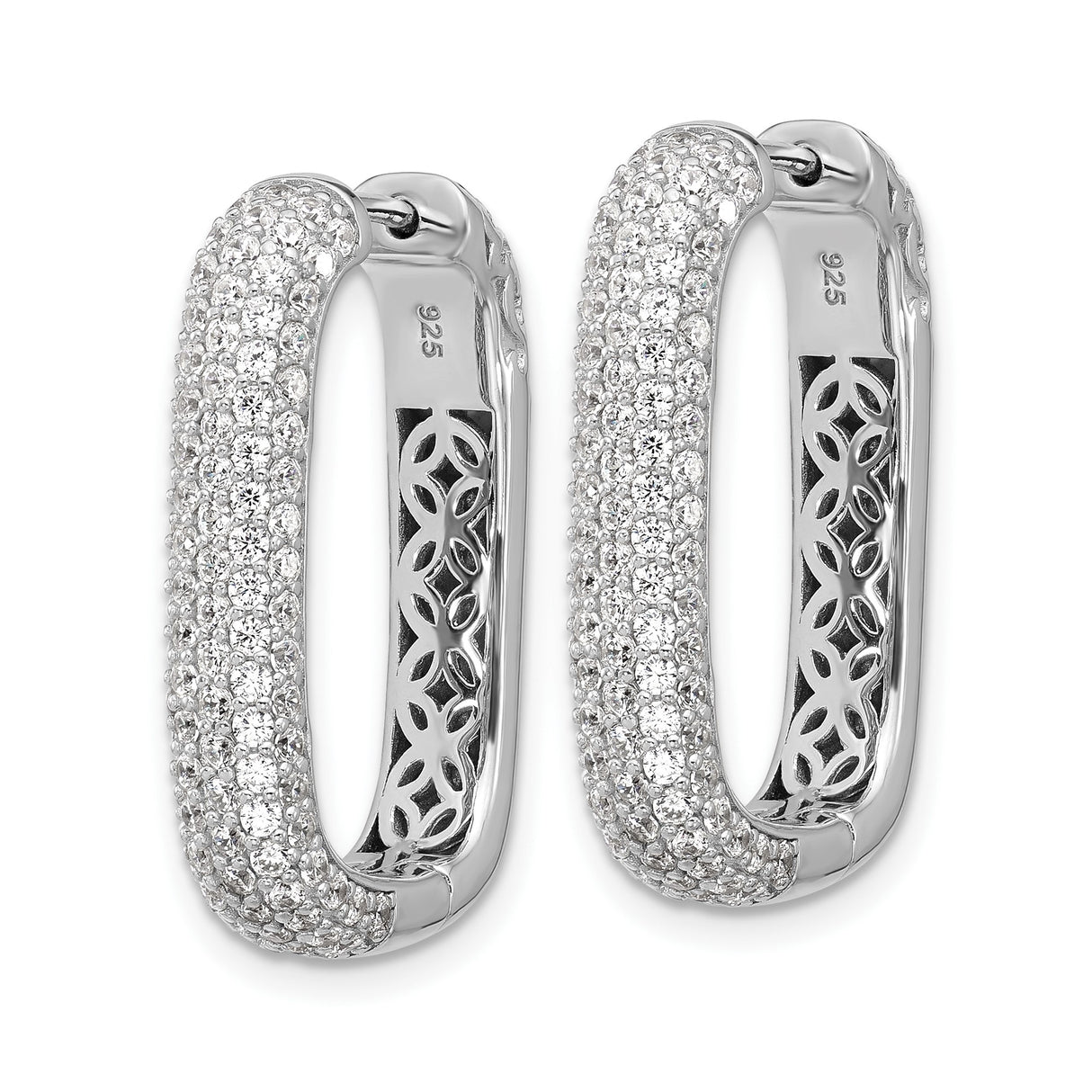 Sterling Silver Rectangular Hoop Earrings with Pavé Cubic Zirconia, Rhodium Plated Contemporary Style