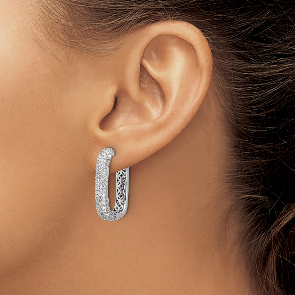 Sterling Silver Rectangular Hoop Earrings with Pavé Cubic Zirconia, Rhodium Plated Contemporary Style