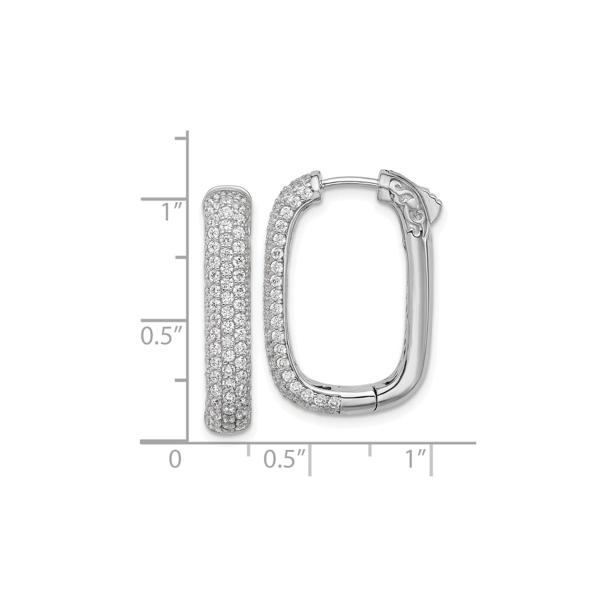 Sterling Silver Rectangular Hoop Earrings with Pavé Cubic Zirconia, Rhodium Plated Contemporary Style