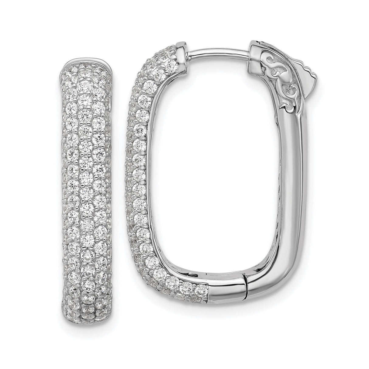 Sterling Silver Rectangular Hoop Earrings with Pavé Cubic Zirconia, Rhodium Plated Contemporary Style