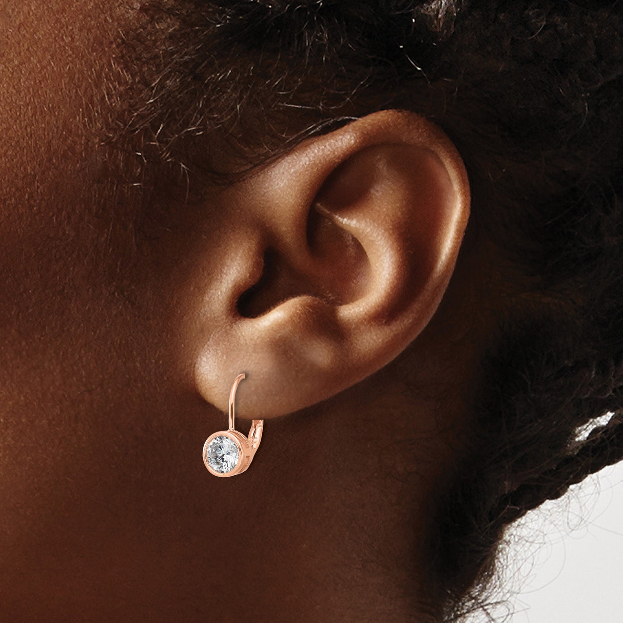 Sterling Silver Rose Gold Plated Leverback Drop Earrings with Cubic Zirconia Bezel Setting