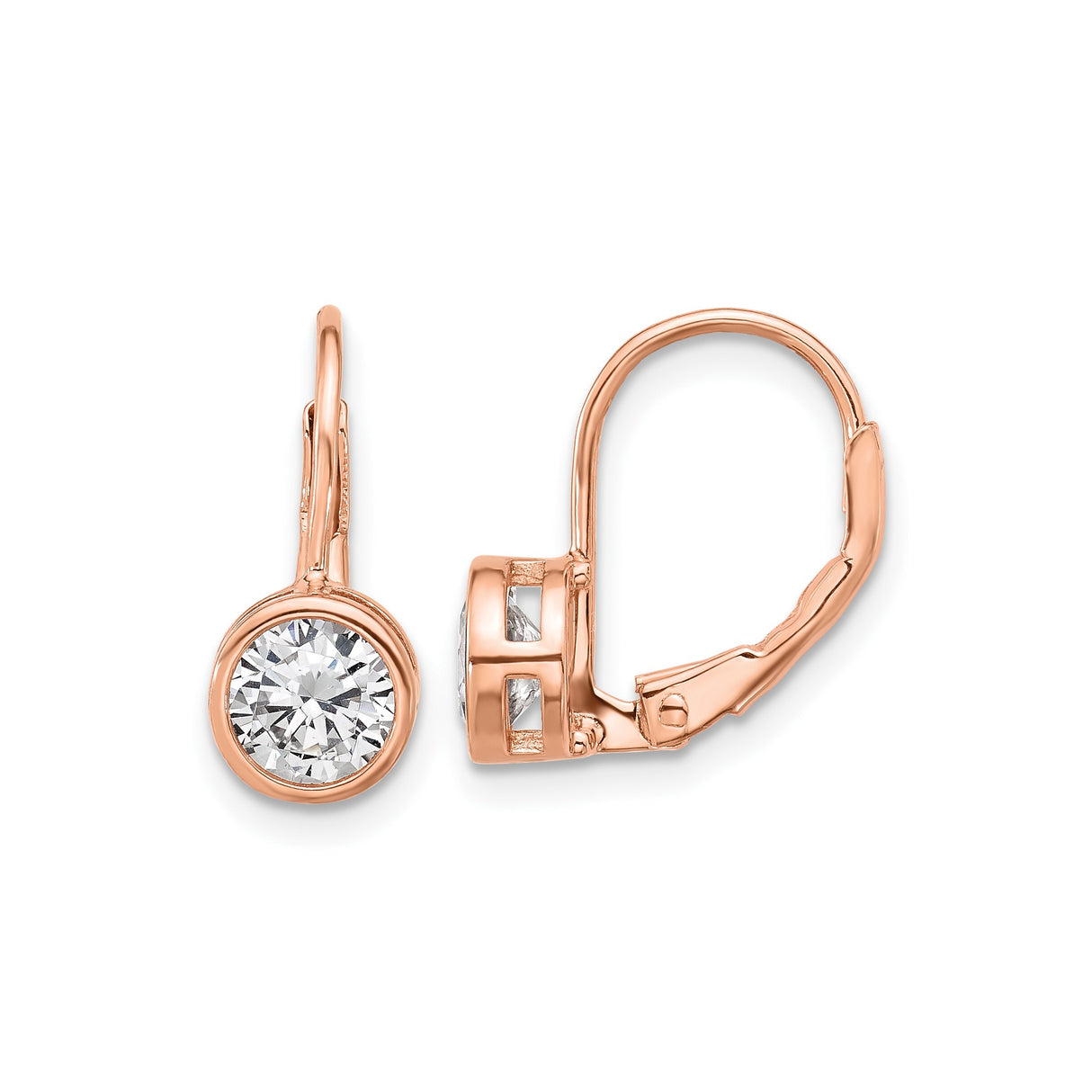 Sterling Silver Rose Gold Plated Leverback Drop Earrings with Cubic Zirconia Bezel Setting
