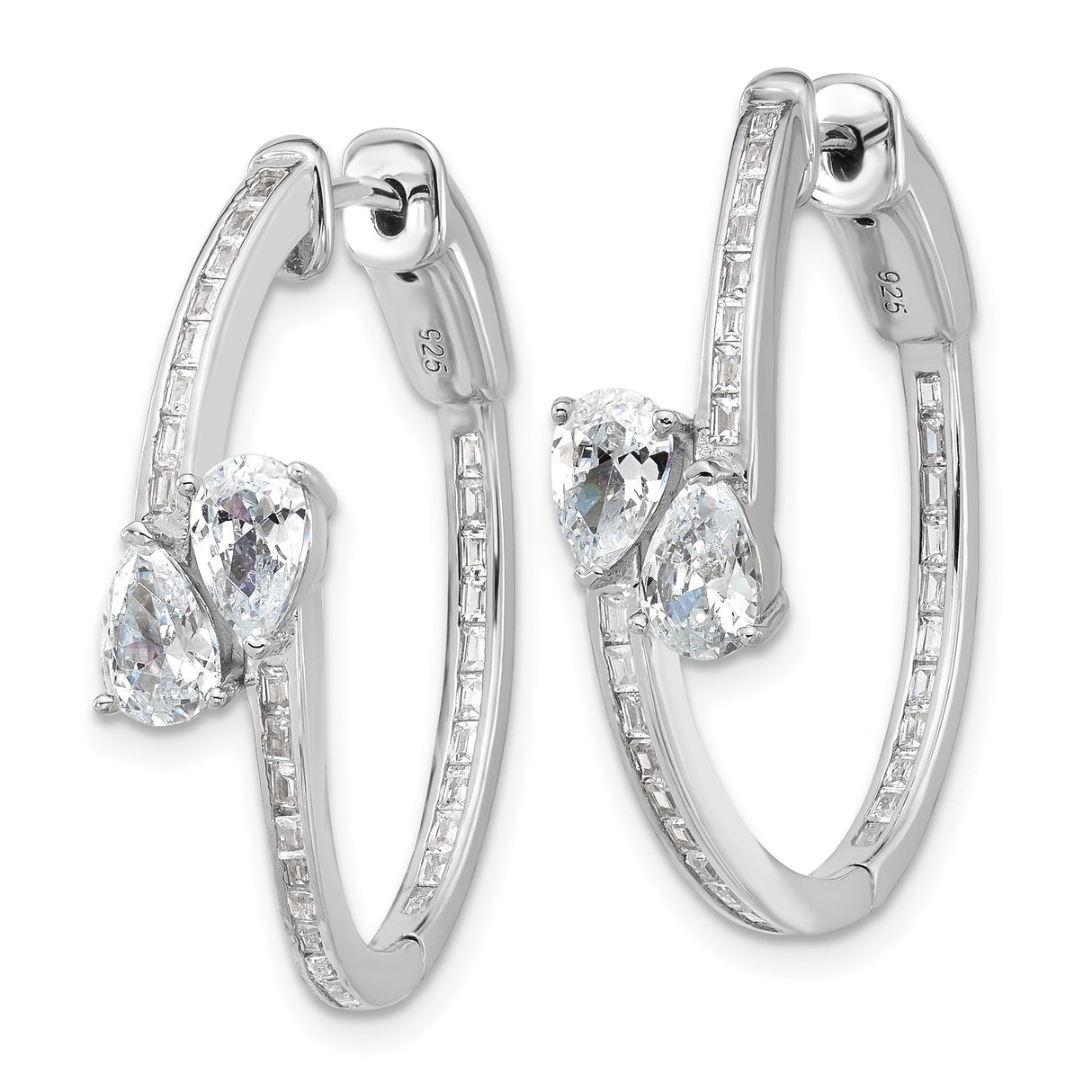Sterling Silver Hoop Earrings with Cubic Zirconia Teardrop Accents and Rhodium Finish