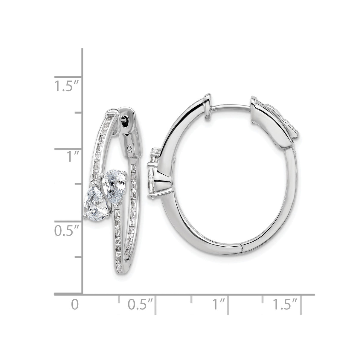Sterling Silver Hoop Earrings with Cubic Zirconia Teardrop Accents and Rhodium Finish