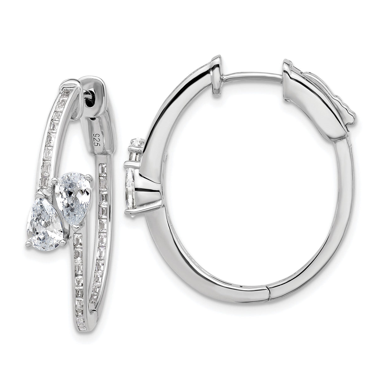 Sterling Silver Hoop Earrings with Cubic Zirconia Teardrop Accents and Rhodium Finish