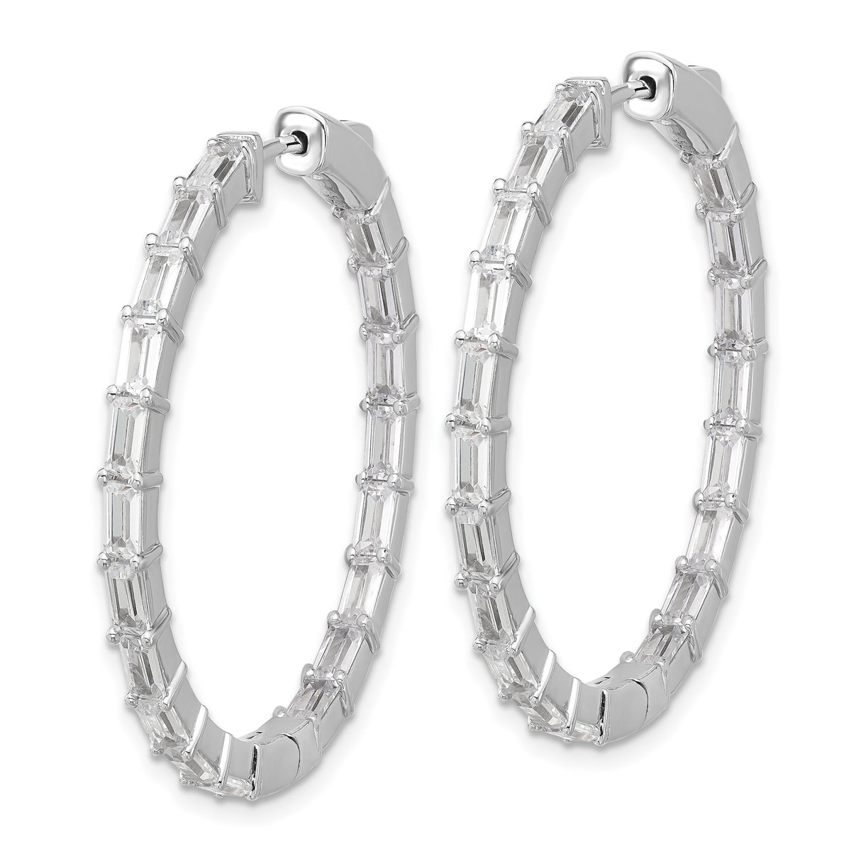 Sterling Silver Hoop Earrings with Baguette Cubic Zirconia, Channel Set, Modern Design