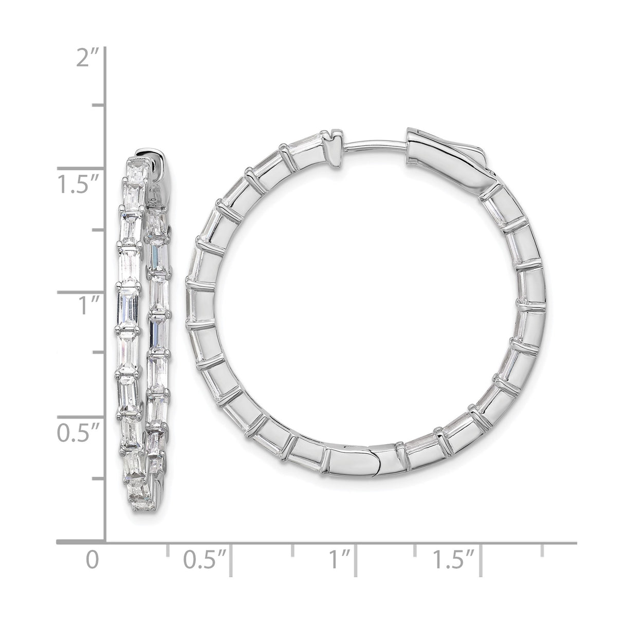 Sterling Silver Hoop Earrings with Baguette Cubic Zirconia, Channel Set, Modern Design