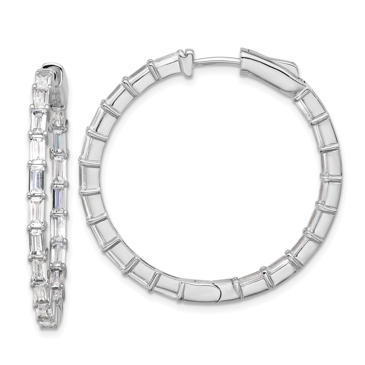Sterling Silver Hoop Earrings with Baguette Cubic Zirconia, Channel Set, Modern Design