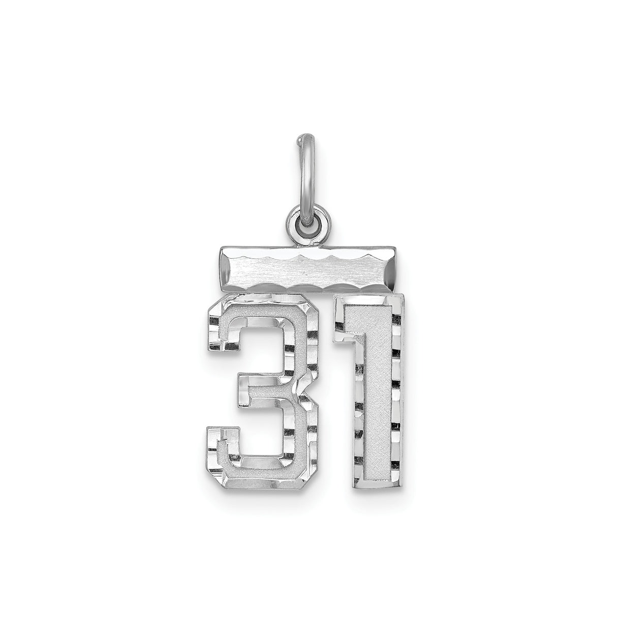 Sterling Silver Number 31 Pendant, Polished Textured Block Style Sports Charm, Unisex Jewelry