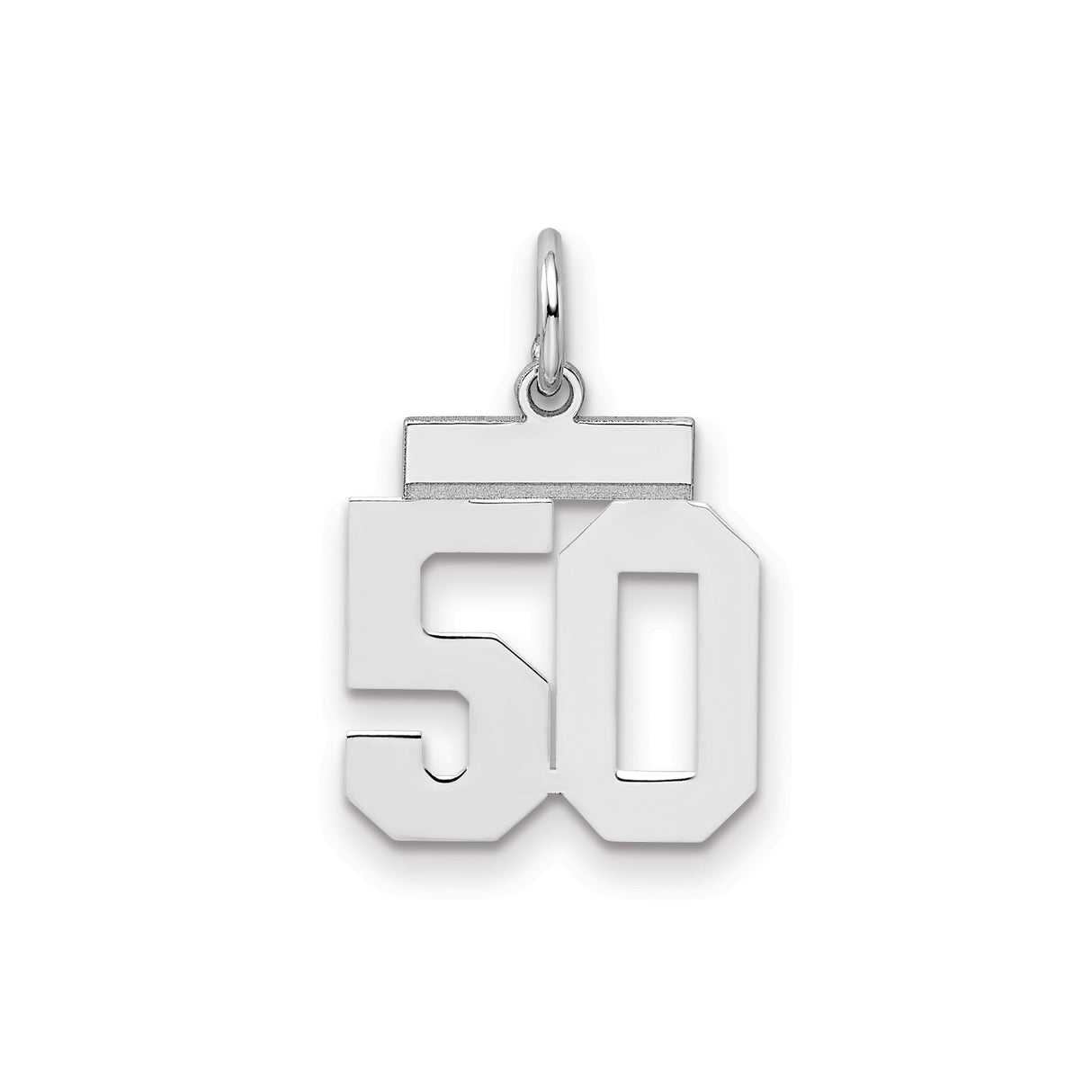 Sterling Silver 50 Pendant, Polished Block-Style Number Charm for Birthday or Anniversary