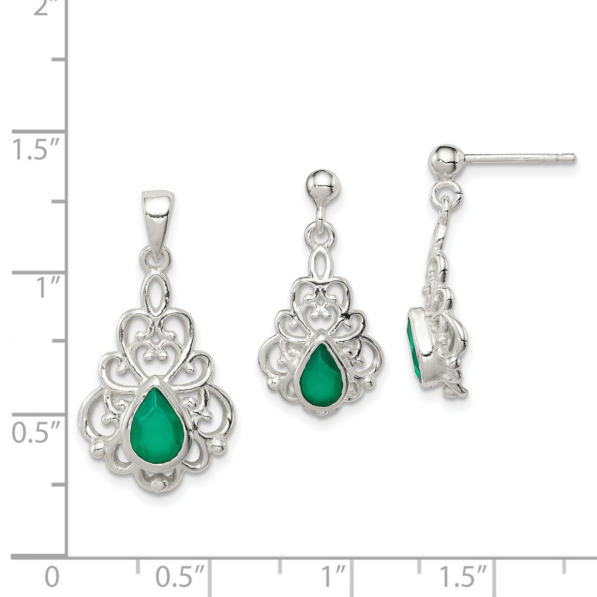 Sterling Silver Green Agate Charm Earrings and Pendant Set