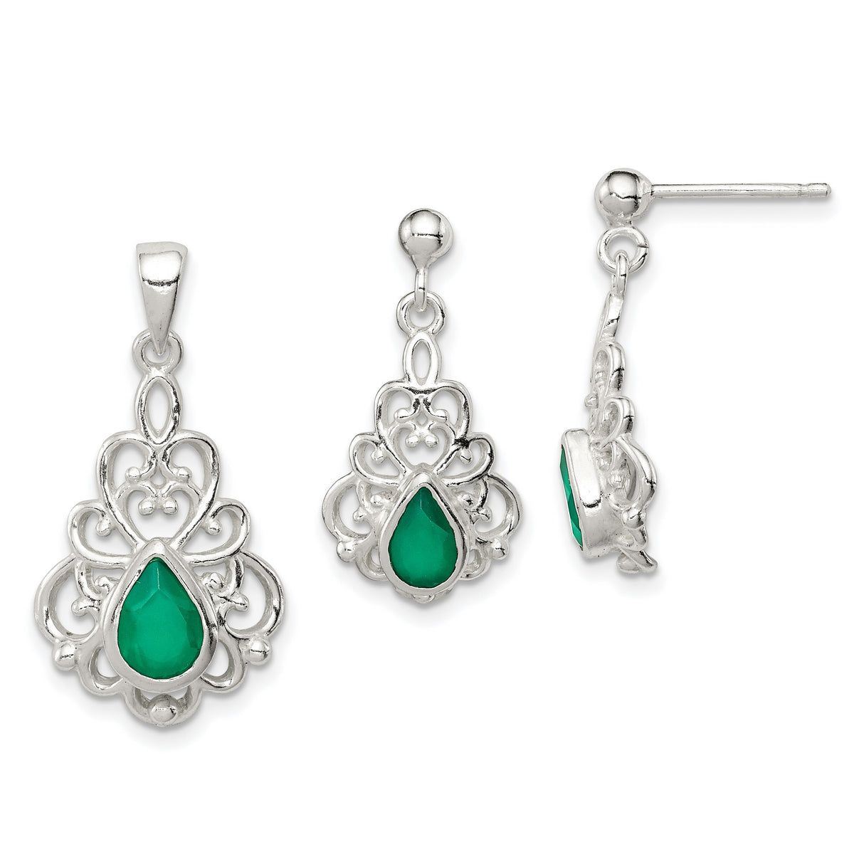 Sterling Silver Green Agate Charm Earrings and Pendant Set