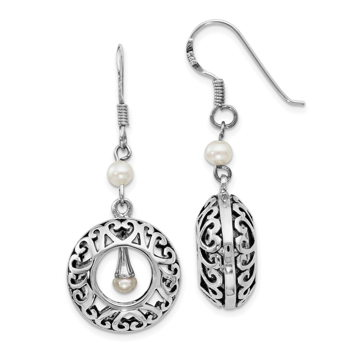 Sterling Silver Dangle Earrings with Freshwater Pearls, Filigree Scroll Design