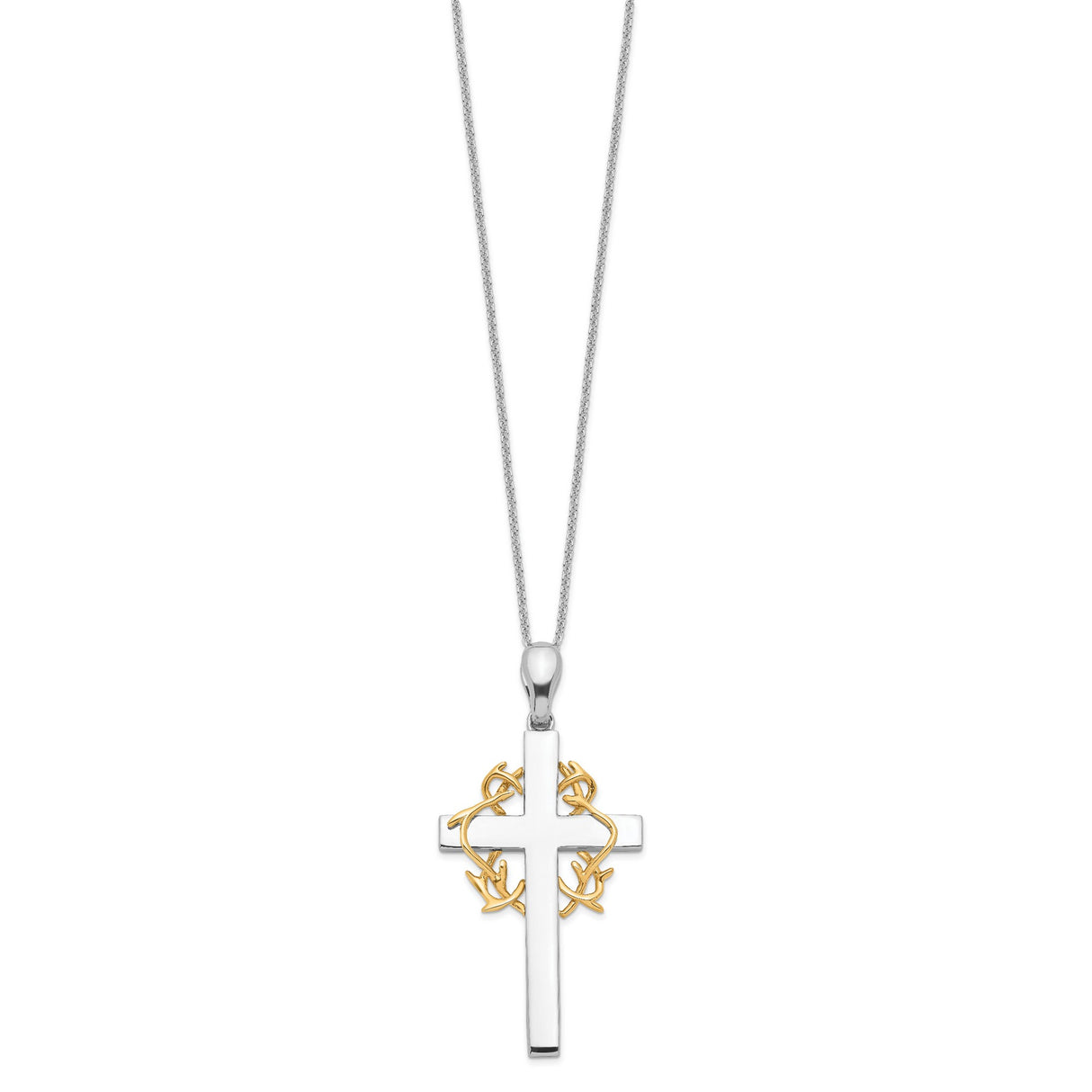 Sterling Silver Cross Pendant with Gold Vine Detail and Thorn Motif, Spiritual Style