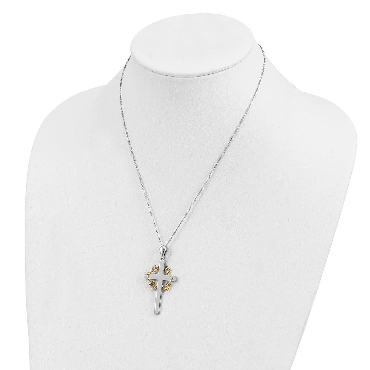 Sterling Silver Cross Pendant with Gold Vine Detail and Thorn Motif, Spiritual Style