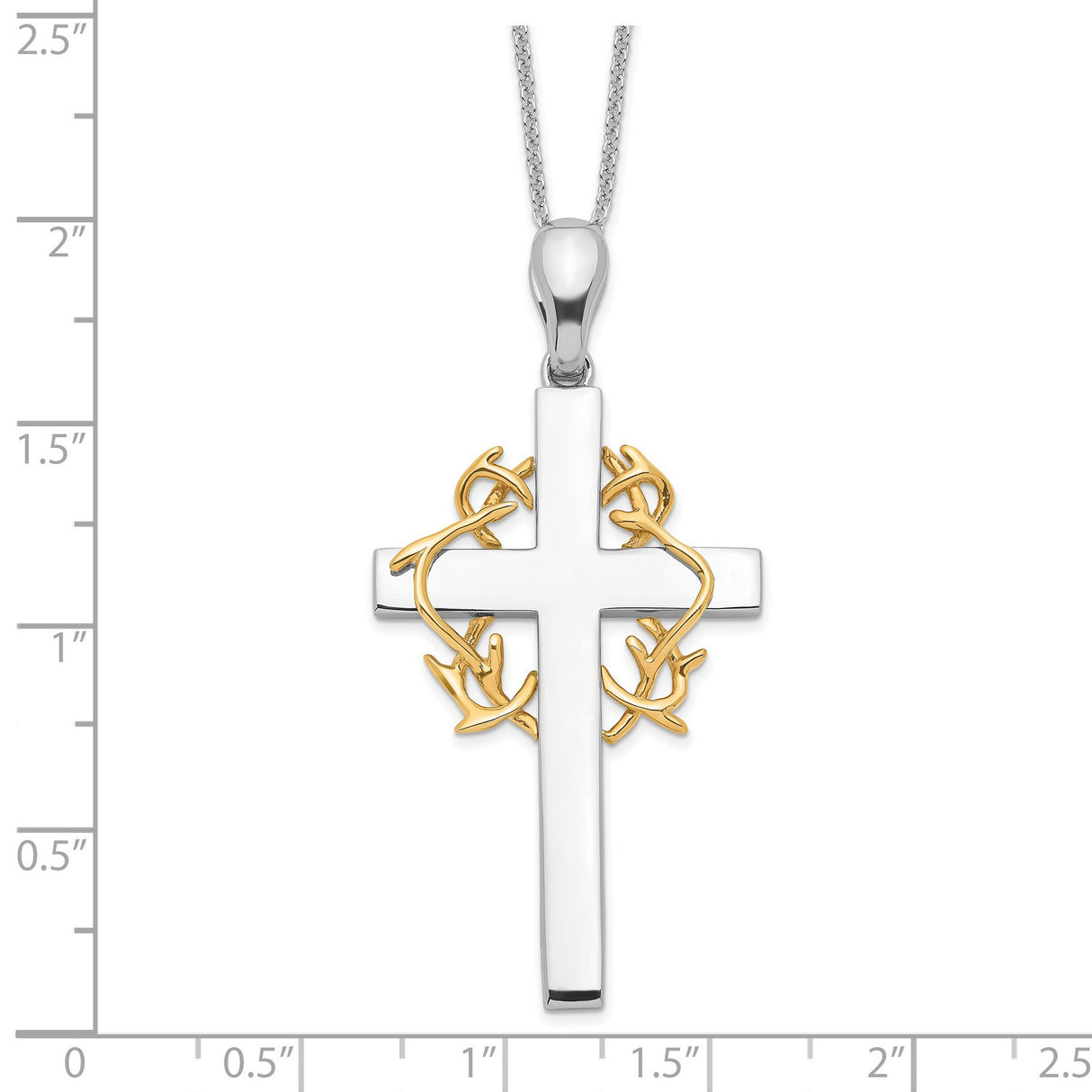 Sterling Silver Cross Pendant with Gold Vine Detail and Thorn Motif, Spiritual Style