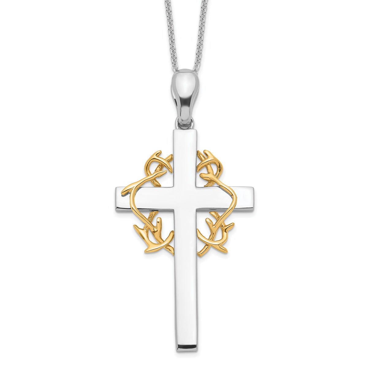 Sterling Silver Cross Pendant with Gold Vine Detail and Thorn Motif, Spiritual Style