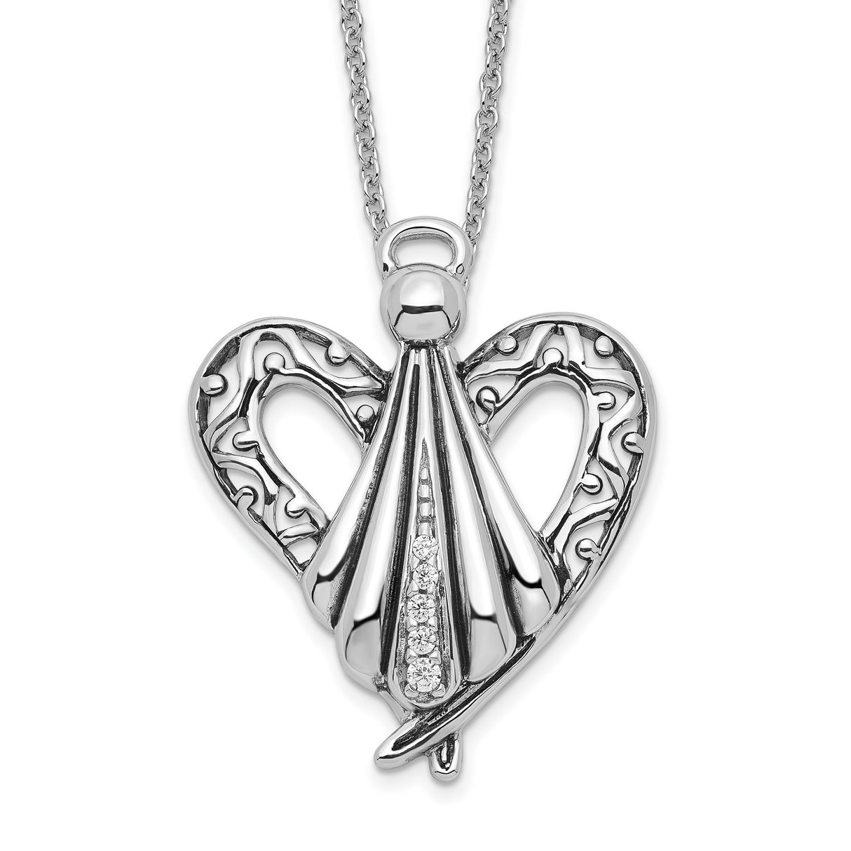 CZ Antiqued Angel of Friendship 18in Necklace Charm Pendant in Real 925 Sterling Silver