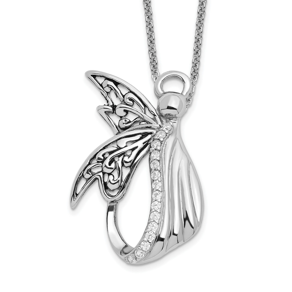 CZ Antiqued Angel of Perseverance 18in Necklace Charm Pendant in Real 925 Sterling Silver