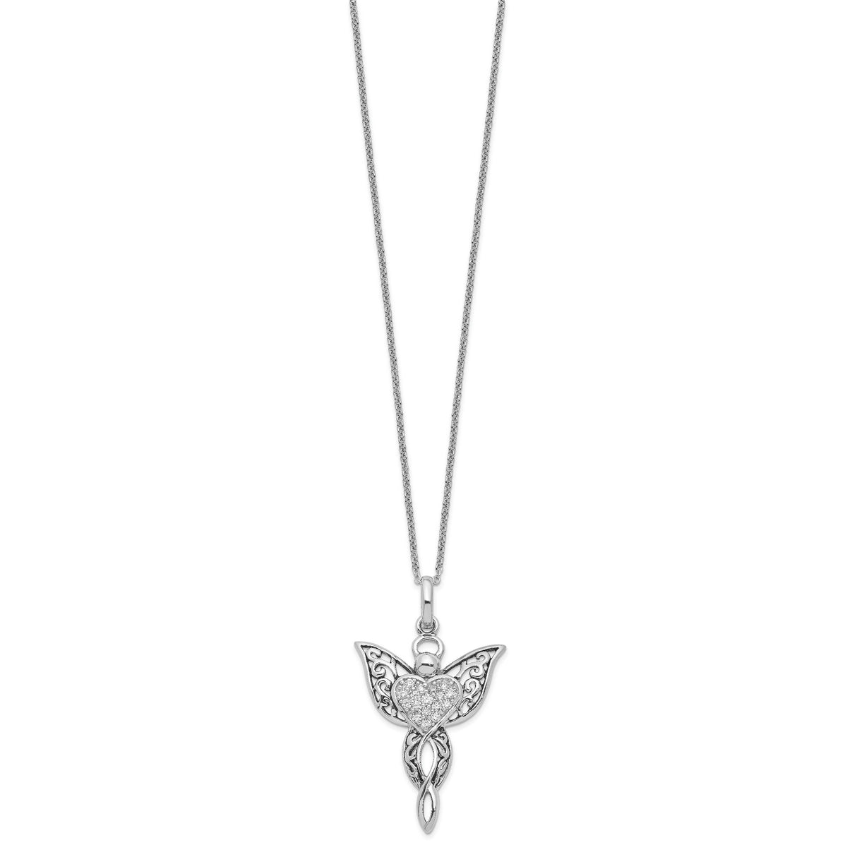 CZ Antiqued Angel of Blessing 18in Necklace Charm Pendant in Real 925 Sterling Silver
